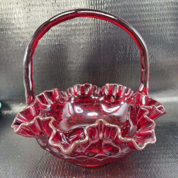 Fenton Ruby Red Glass Basket Bowl Ruffled Edge Amberina Vintage Decor - Picture 16 of 16